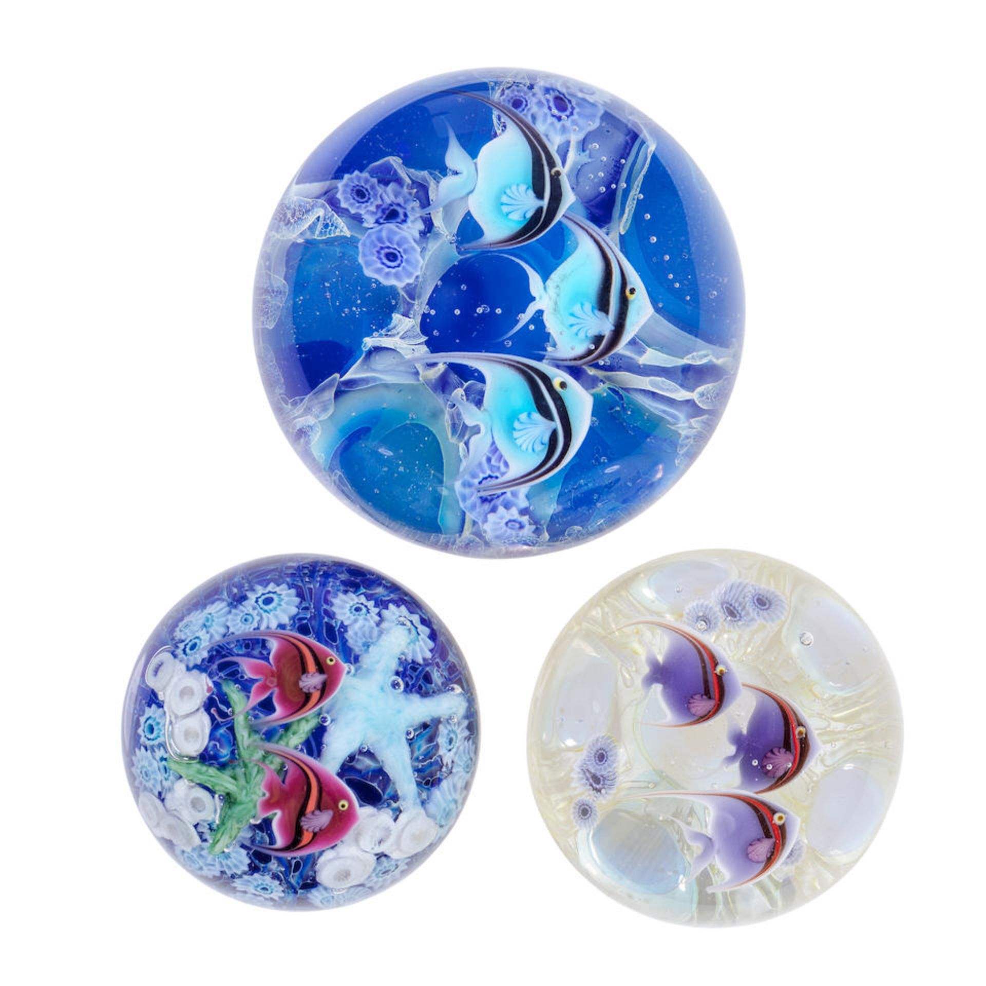 Three Lundberg Studios 'Tropical Tidepool' paperweights by Daniel Salazar, dated 1995, 2005 and ...