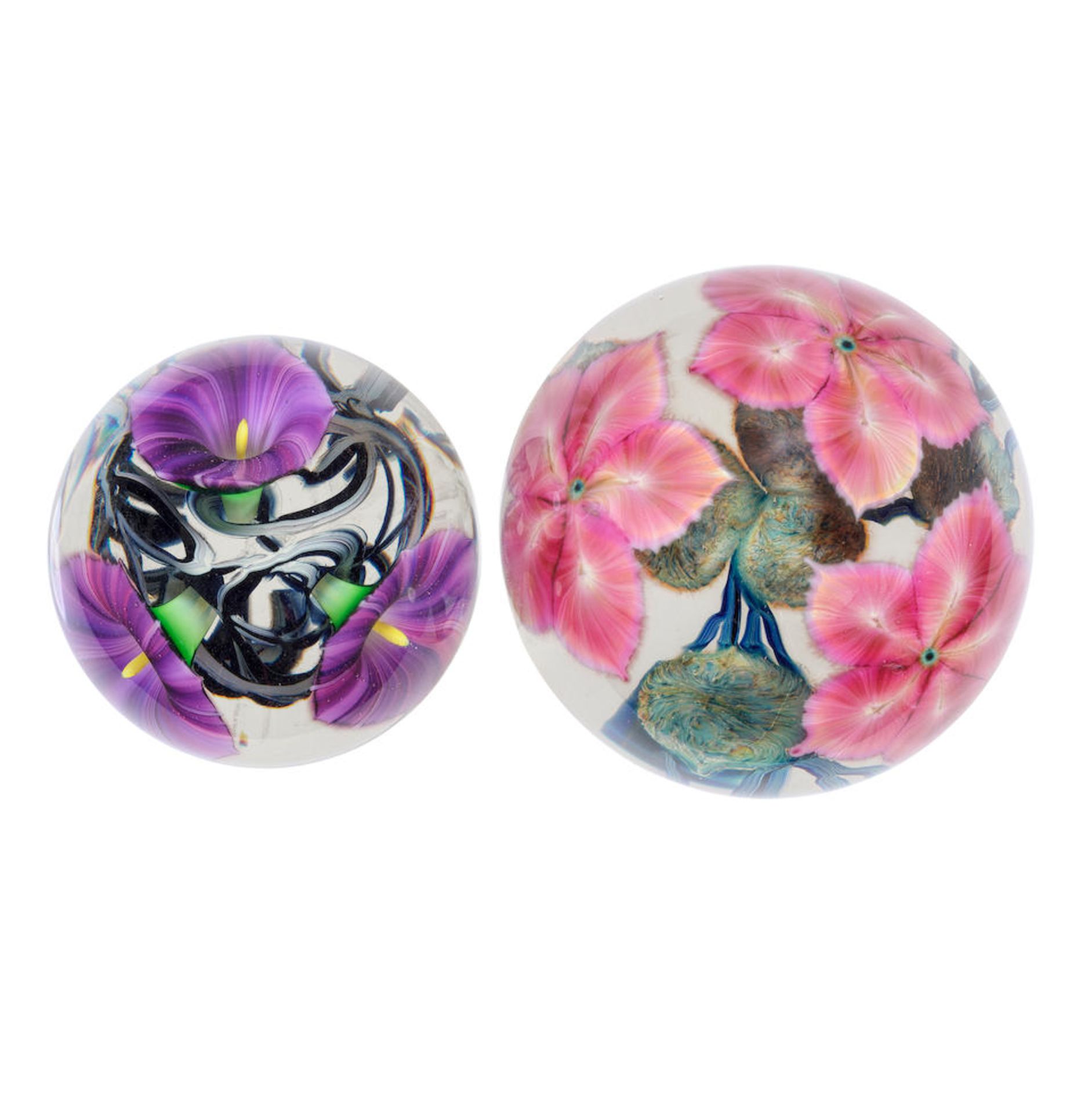 A Jeremiah Lotton morning glory paperweight and a John Lotton clematis magnum weight, dated 2006...