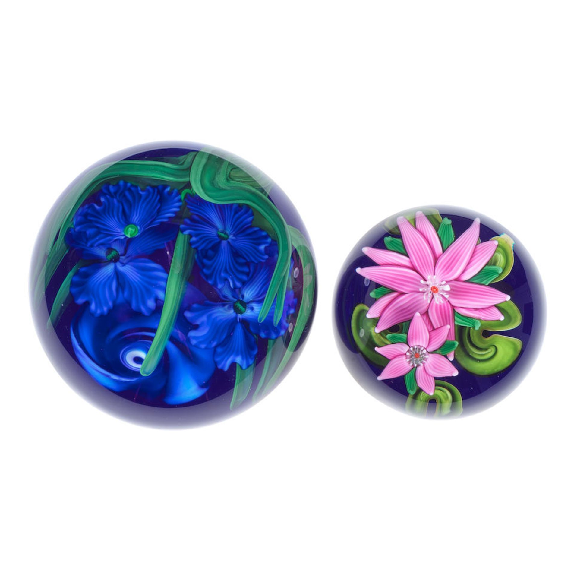Two Lundberg Studios flower paperweights, dated 1998 and 1999