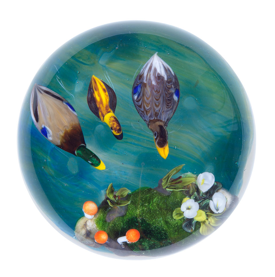 A Rick Ayotte 'Ducks in the Pond' magnum paperweight, dated 1992