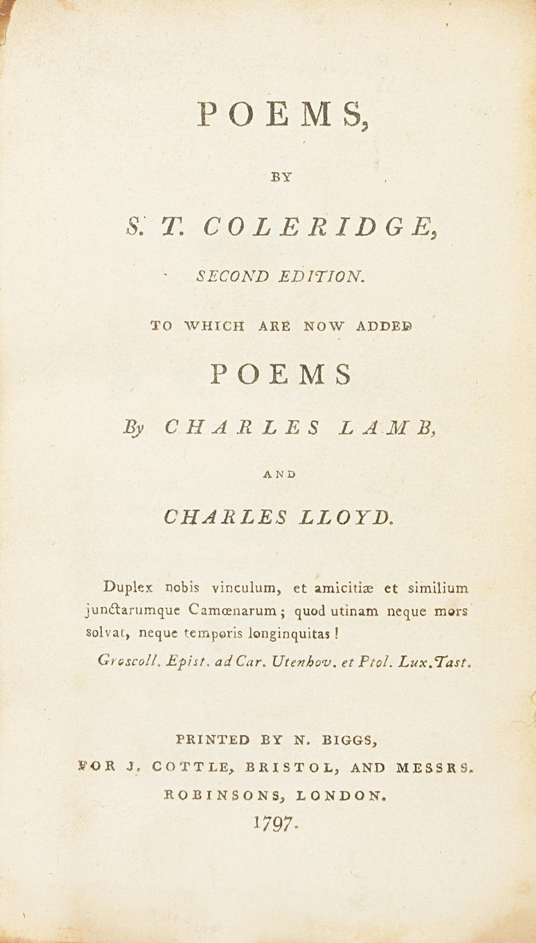 COLERIDGE (SAMUEL TAYLOR) Poems... To Which are Now Added Poems by Charles Lamb, and Charles Llo...