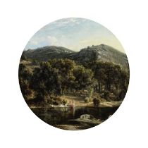 F&#233;lix-Hippolyte Lano&#252;e (Versailles 1812-1872) Paysage lacustre anim&#233; de baigneuses
