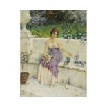 Frederico Oliva (Italien, vers 1880 -vers 1920) Jeune fille aux fleurs, nourrisant des oiseaux