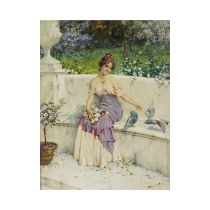 Frederico Oliva (Italien, vers 1880 -vers 1920) Jeune fille aux fleurs, nourrisant des oiseaux