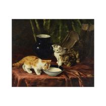Alfred Arthur Brunel de Neuville (Paris 1852-1941) Trois chatons et leur coupe de lait