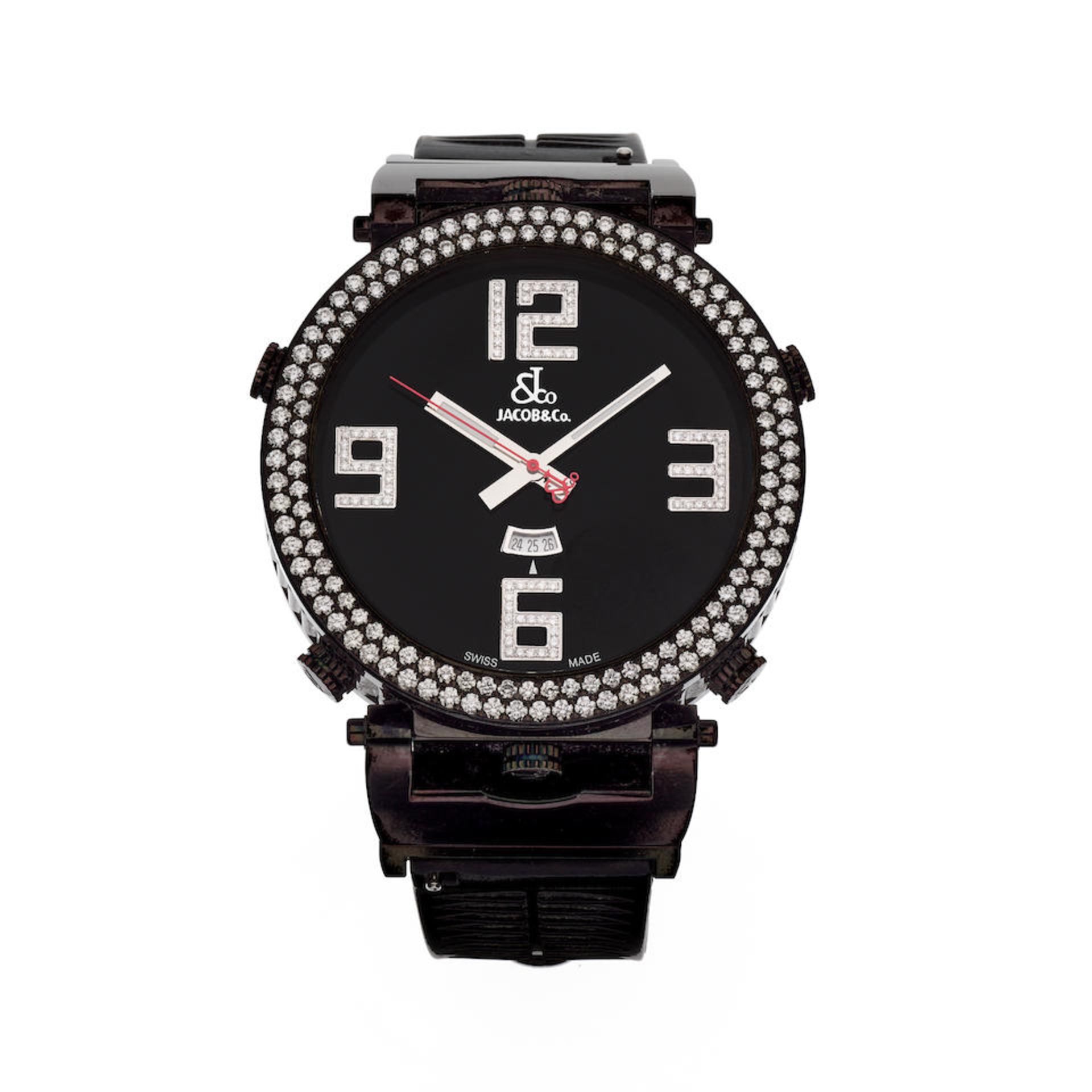 Jacob & Co. Montre bracelet en acier et PVD noir sertie de diamants avec date double cadran et m...