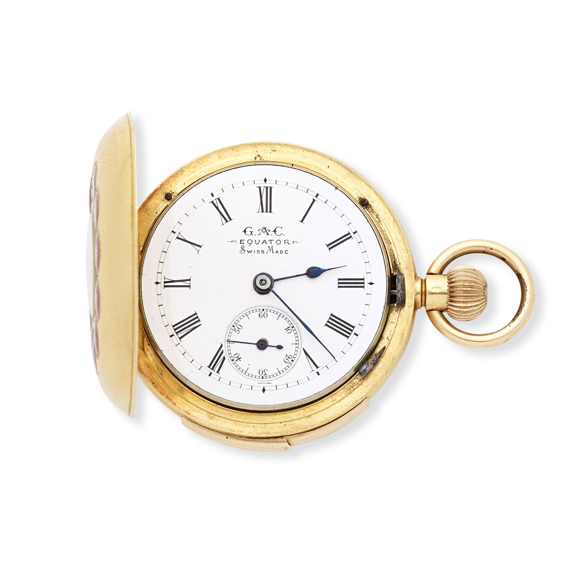 G.A.C Equator. An 18K gold half hunter minute repeating pocket watch with enamel numeralsCirca 1890