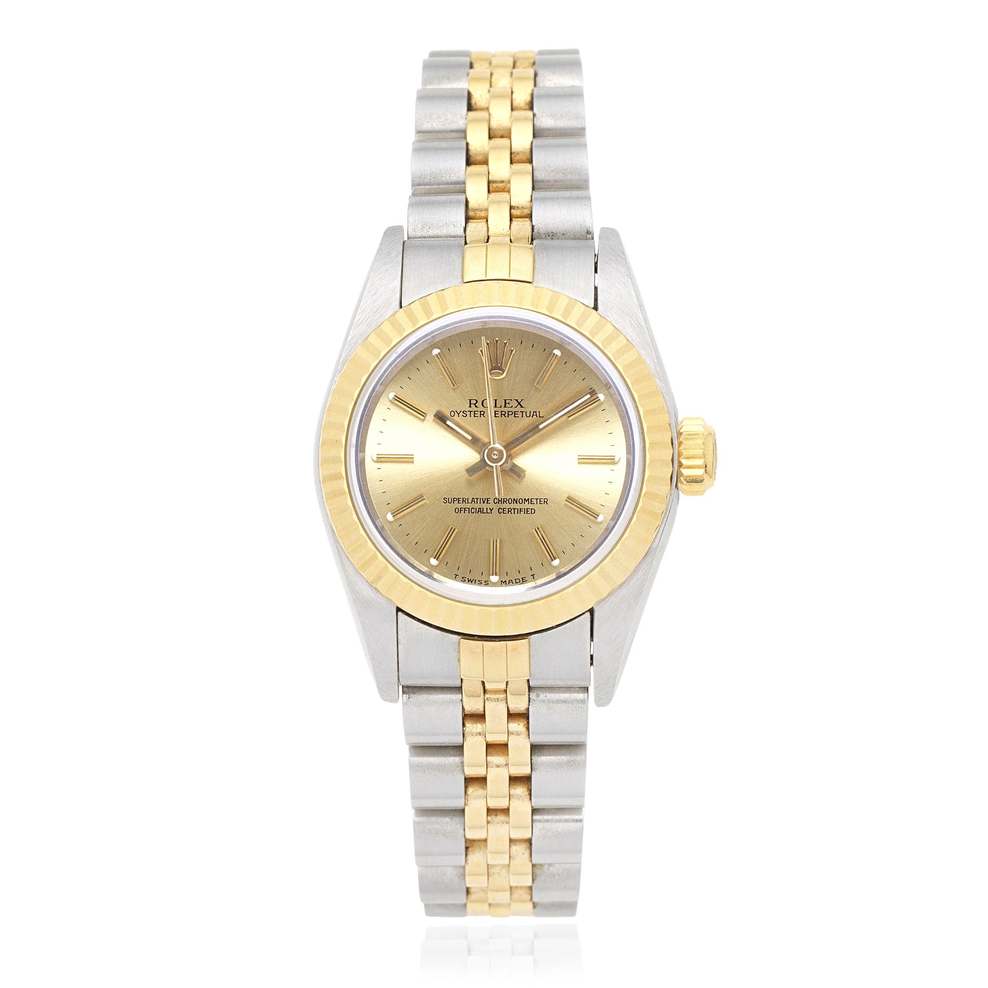 Rolex. A lady's stainless steel and gold automatic bracelet watch Oyster Perpetual, Ref: 67193,...