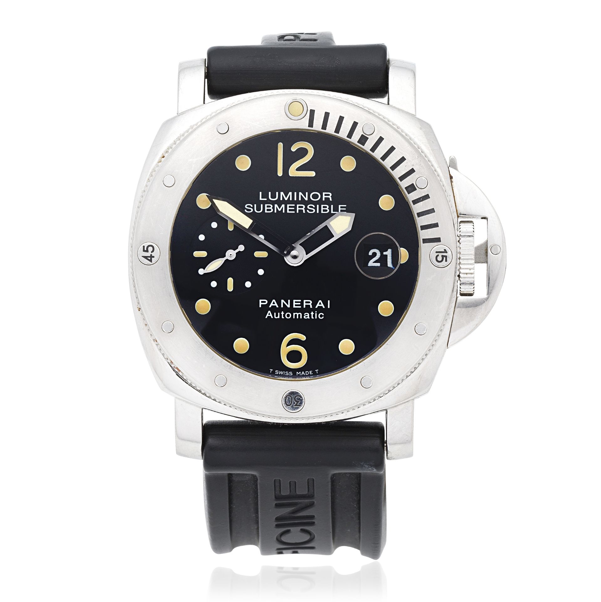 Panerai. A stainless steel automatic cushion form calendar wristwatch Luminor Submersible, Ref:...