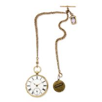 An 18K gold key wind open face pocket watch with 9K gold chain London Hallmark for 1864
