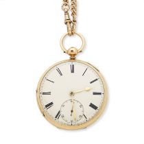W.W Kent, Manchester. An 18K gold key wind open face pocket watch with 9K gold chain Chester Hal...