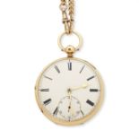 W.W Kent, Manchester. An 18K gold key wind open face pocket watch with 9K gold chain Chester Hal...