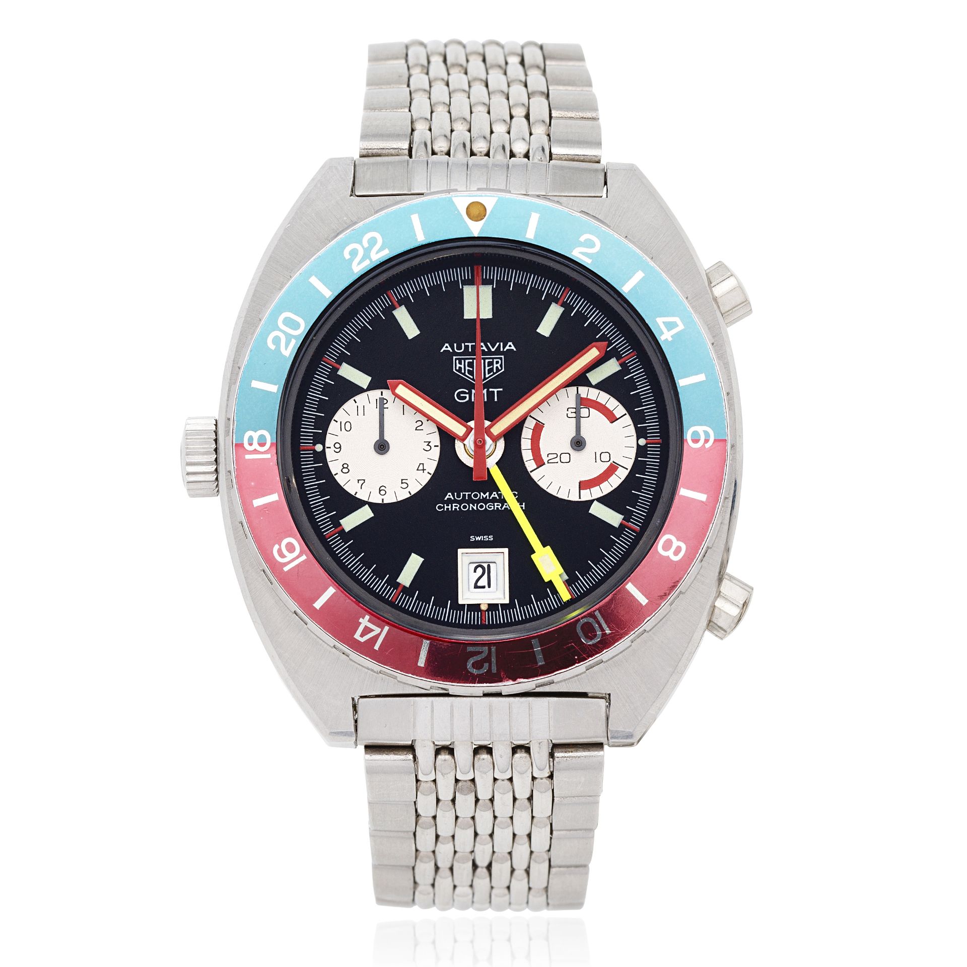 Heuer. A stainless steel automatic calendar bracelet watch with dual time zone Autavia 'GMT', R...