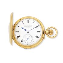 S.Smith & Son Ltd, Trafalgar Square, London. An 18K gold keyless wind half hunter pocket watch L...