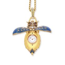 A rare gold enamel diamond set pendant watch in the form of a beetle with associated gold chain ...