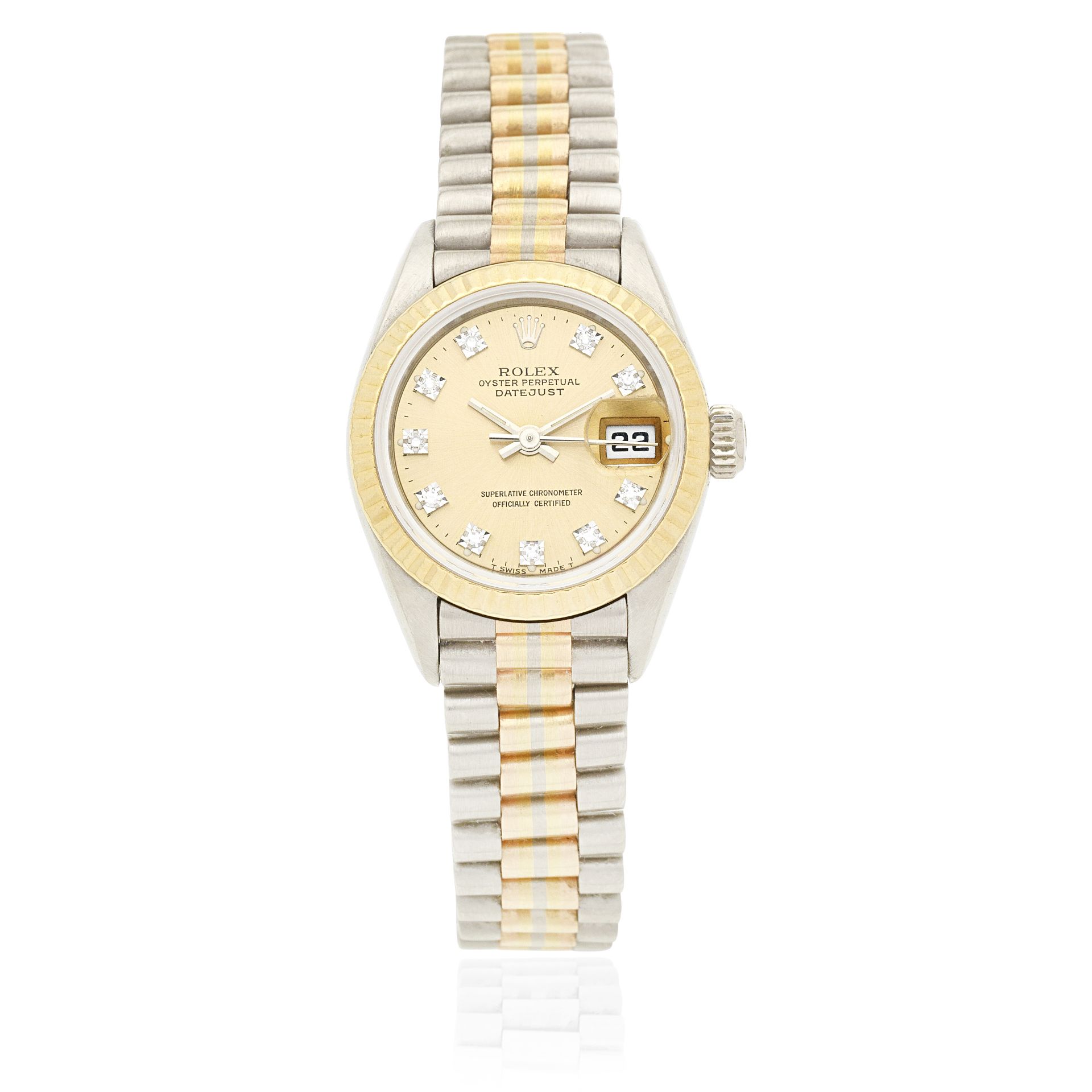 Rolex. A lady's three colour 18K gold diamond set automatic calendar bracelet watch Datejust 'T...