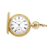 Waltham. An 18K gold keyless wind full hunter pocket watch with 9K gold chain Circa 1896