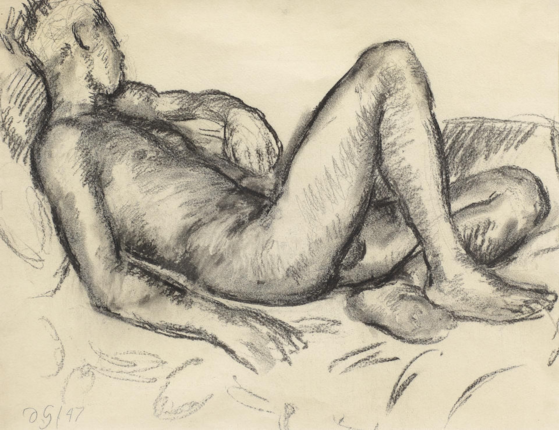 Duncan Grant (British, 1885-1978) Reclining Male Nude (Paul Roche) 39.5 x 51 cm. (15 1/2 x 20 in...