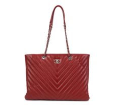 Karl Lagerfeld for Chanel: a Red Caviar Leather Chevron Quilted Shopper Tote 2016 (includes seri...