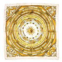 Hermès: a White and Gold 'Dies et Hore' Silk Scarf