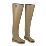 Virginie Viard for Chanel: a Pair of Khaki Thigh High Rubber Rain Boots Autumn/Winter 2022 (inc...