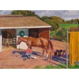 Howard Everett Smith (1885-1970) Checking His Horse's Hoof 12 x 16 in. framed 17 1/2 x 21 1/2 in.