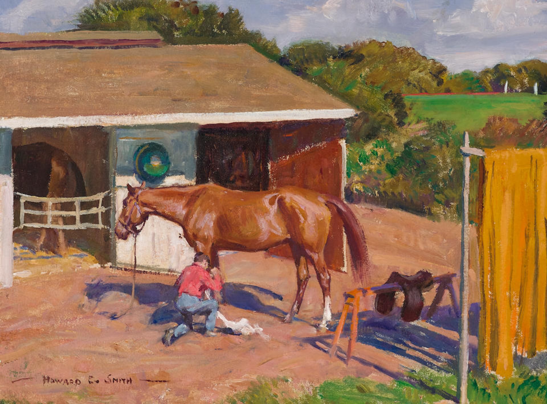 Howard Everett Smith (1885-1970) Checking His Horse's Hoof 12 x 16 in. framed 17 1/2 x 21 1/2 in.