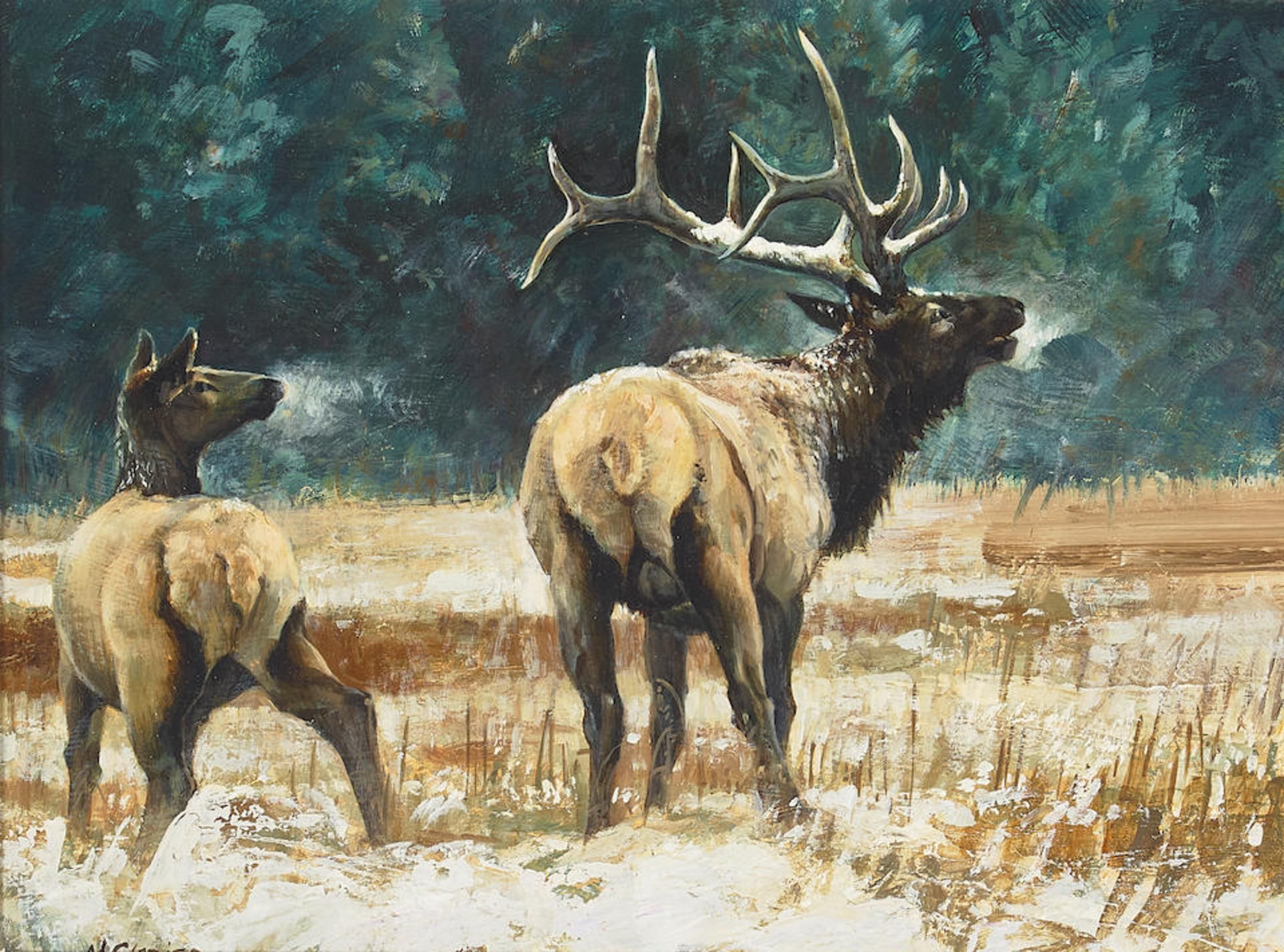 Nancy Glazier (born 1947) Frosted Elk 9 x 12 in. framed 14 x 17 in.