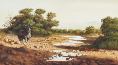 Harry E. Antis (1942-2002) Rhino by a Stream sight 20 x 36 in. framed 25 1/2 x 41 1/2 in.