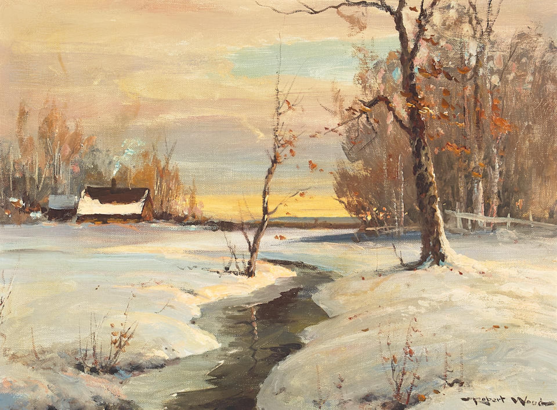 Robert William Wood (1889-1979) Winter's Arrival 12 x 16 in. framed 23 x 27 in.