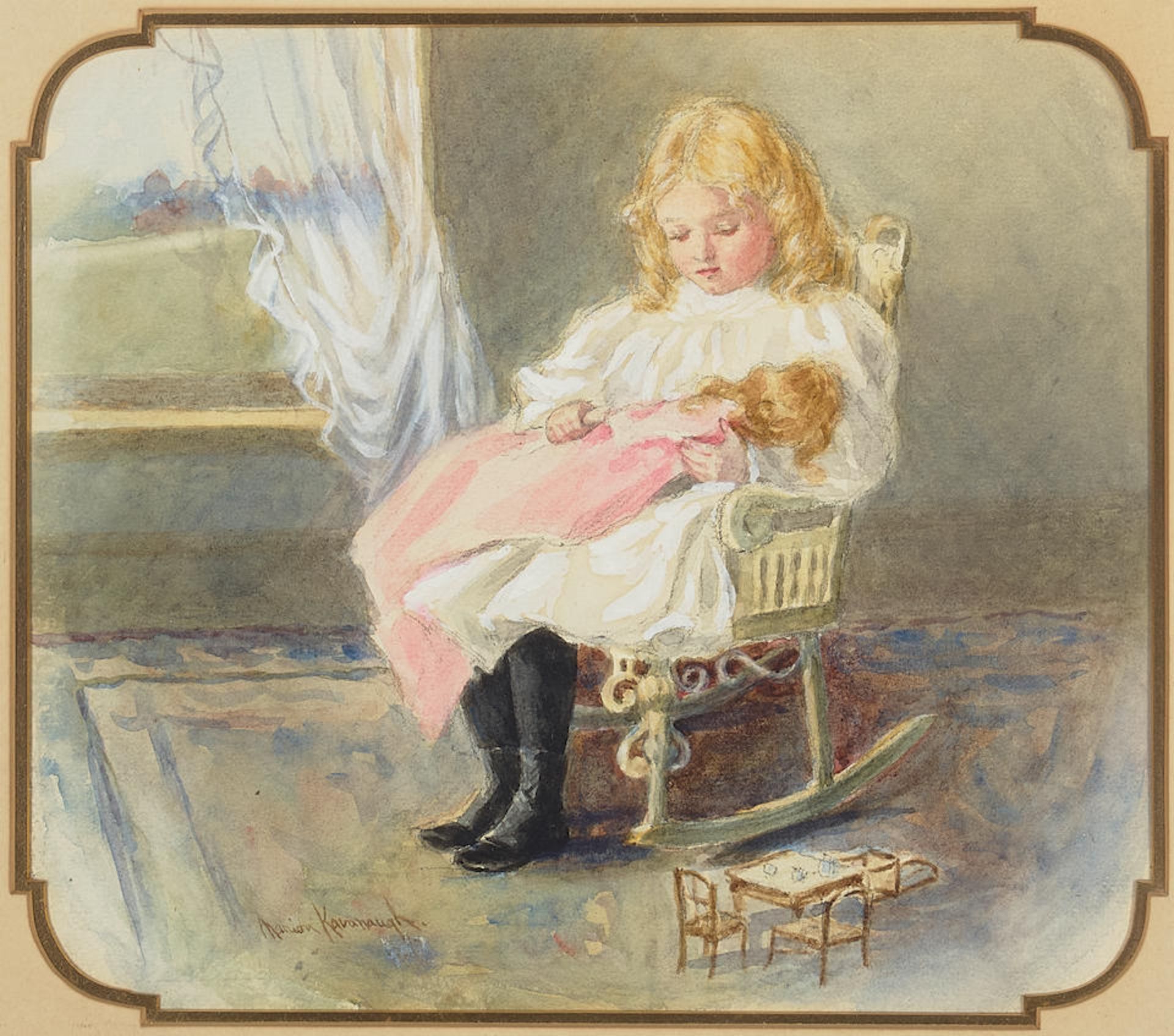 Marion Kavanagh Wachtel (1876-1954) Little Girl with Her Doll sight 8 1/2 x 10 in. framed 15 1/4...