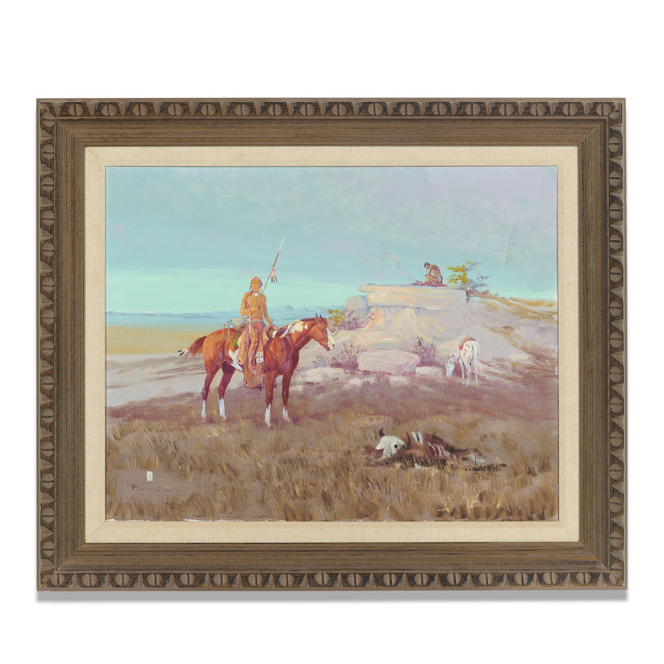 Ace Powell (1912-1978) Warrior on Horseback in a Western Landscape 22 x 28 in. framed 30 1/4 x 3... - Image 2 of 2