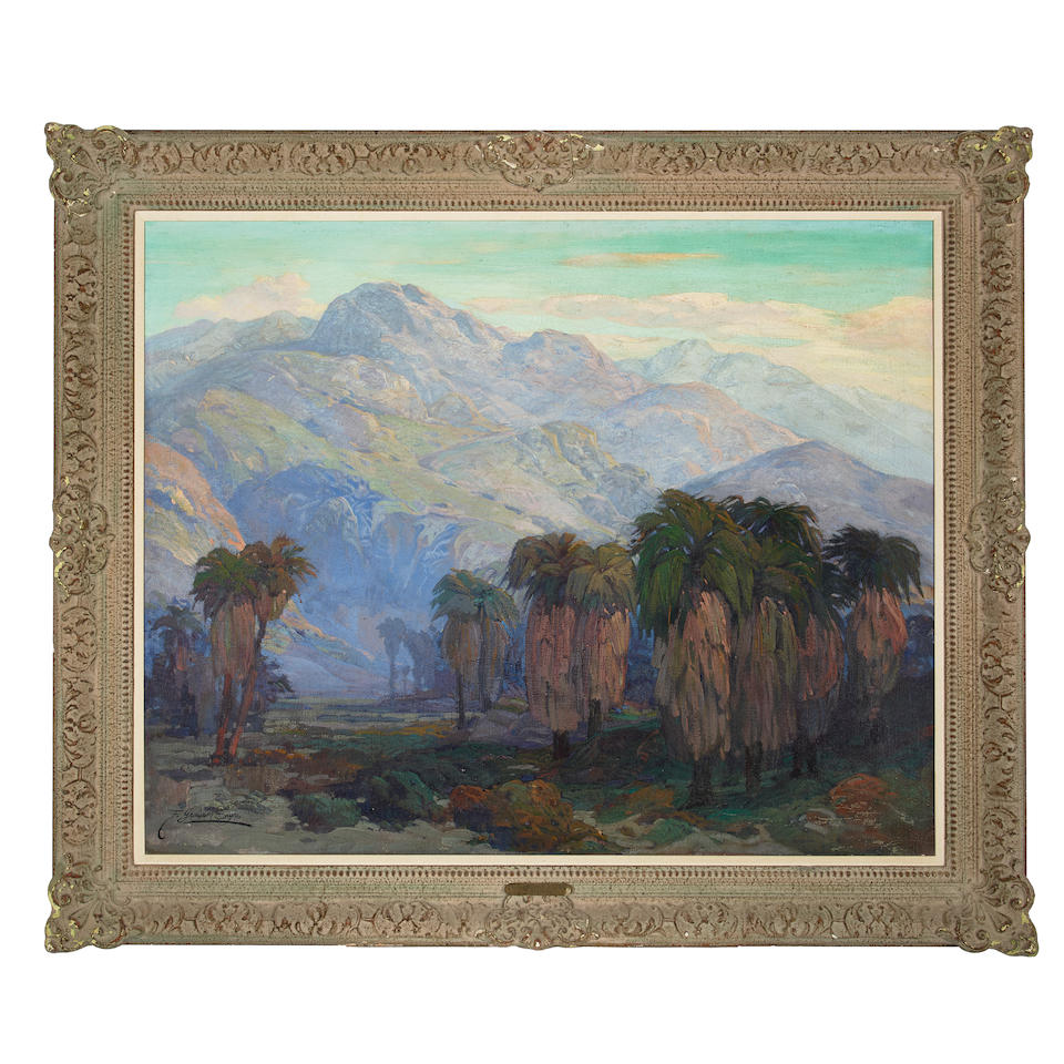 Fred Grayson Sayre (1879-1939) Palms in the Early Morning Shadow of the Mountains 33 x 41 in. fr... - Image 2 of 2