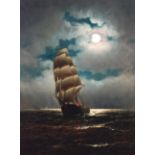 William Alexander Coulter (1849-1936) Clipper Under a Moonlit Sky 24 x 18 in. framed 28 x 22 in.