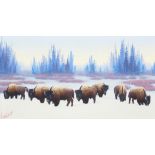 George Dee Smith (born 1944) Buffalo in Indian Basin 10 x 18 in. framed 16 x 24 1/2 in.