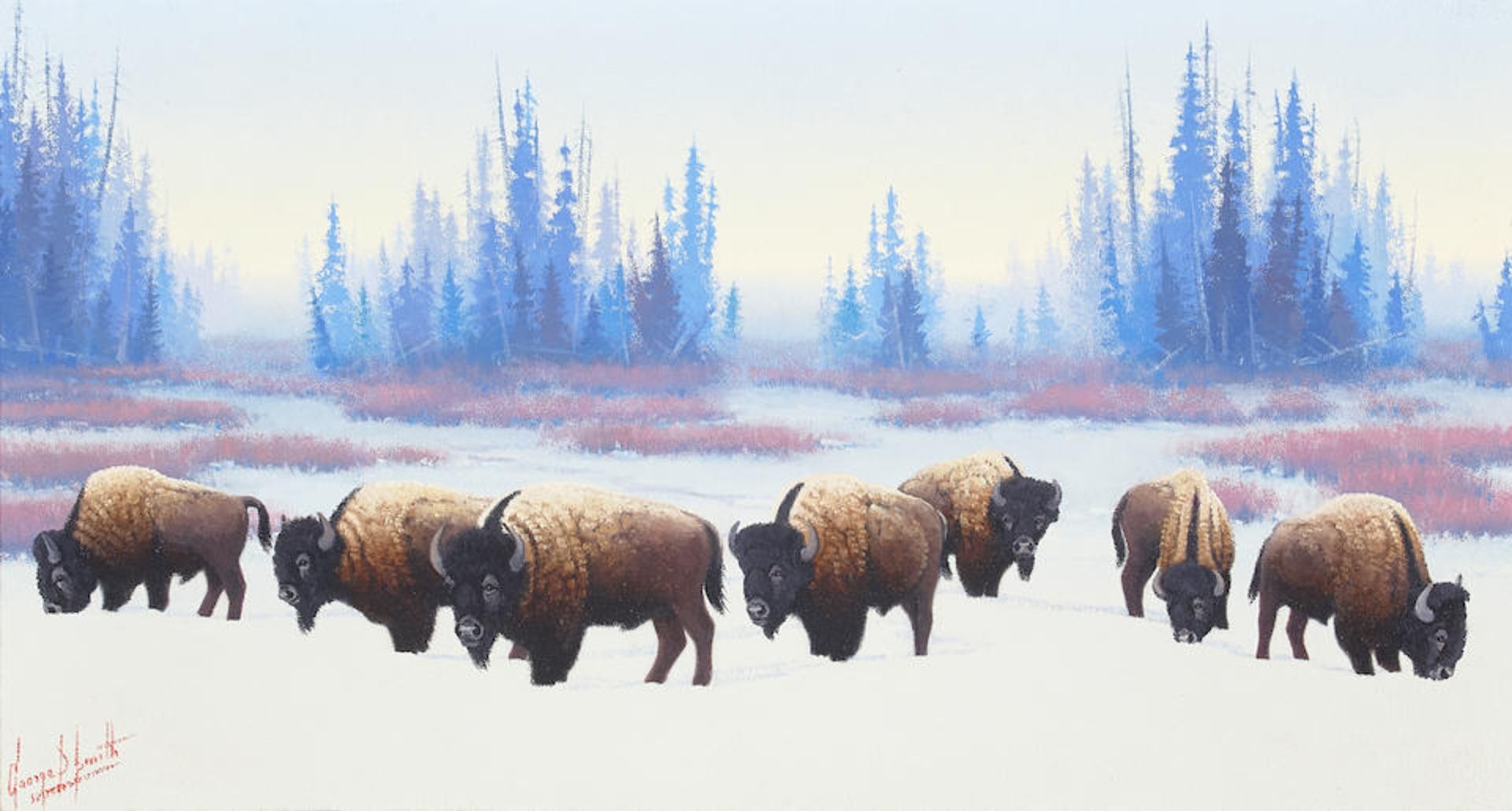 George Dee Smith (born 1944) Buffalo in Indian Basin 10 x 18 in. framed 16 x 24 1/2 in.