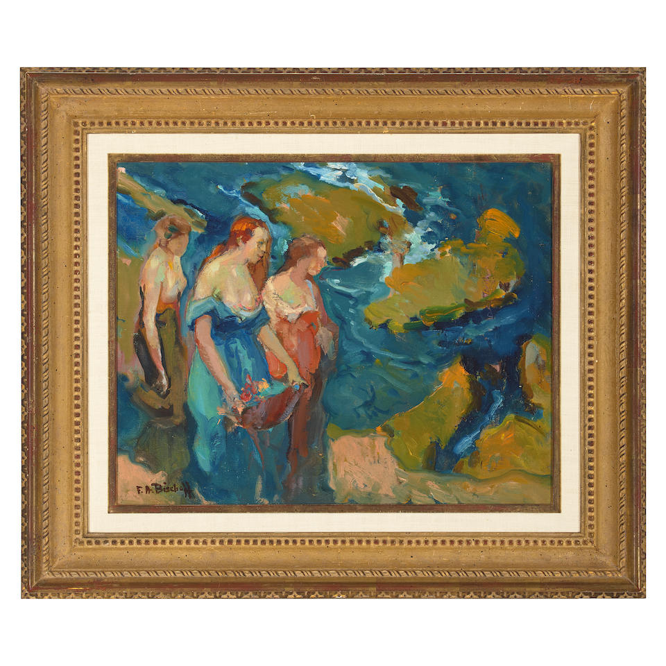 Franz Arthur Bischoff (1864-1929) Three Women at the Seaside 13 1/4 x 16 1/2 in. framed 19 3/4 x... - Image 2 of 2