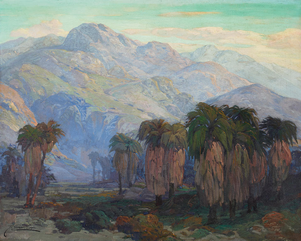 Fred Grayson Sayre (1879-1939) Palms in the Early Morning Shadow of the Mountains 33 x 41 in. fr...