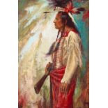 John DeMott (born 1954) Portrait of a Native American Warrior 30 x 20 in. framed 40 x 29 in.