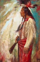 John DeMott (born 1954) Portrait of a Native American Warrior 30 x 20 in. framed 40 x 29 in.