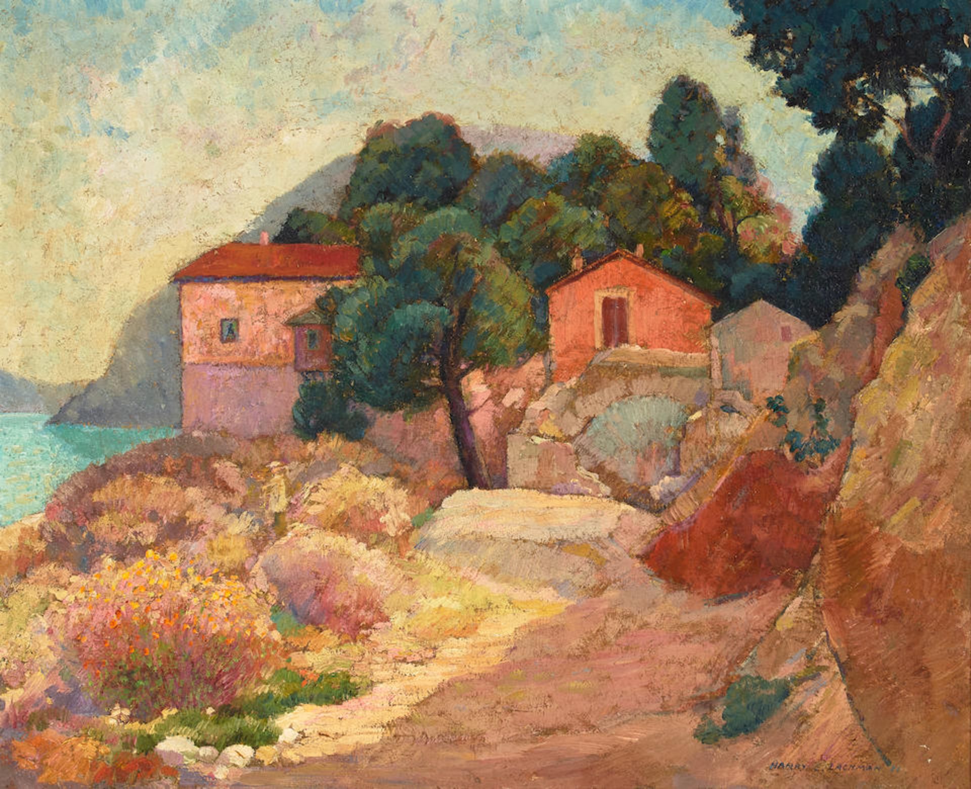 Harry B. Lachman (1886-1975) Les Maisons Roses (Eze, France) 23 1/2 x 28 1/2 in. framed 32 1/2 x...
