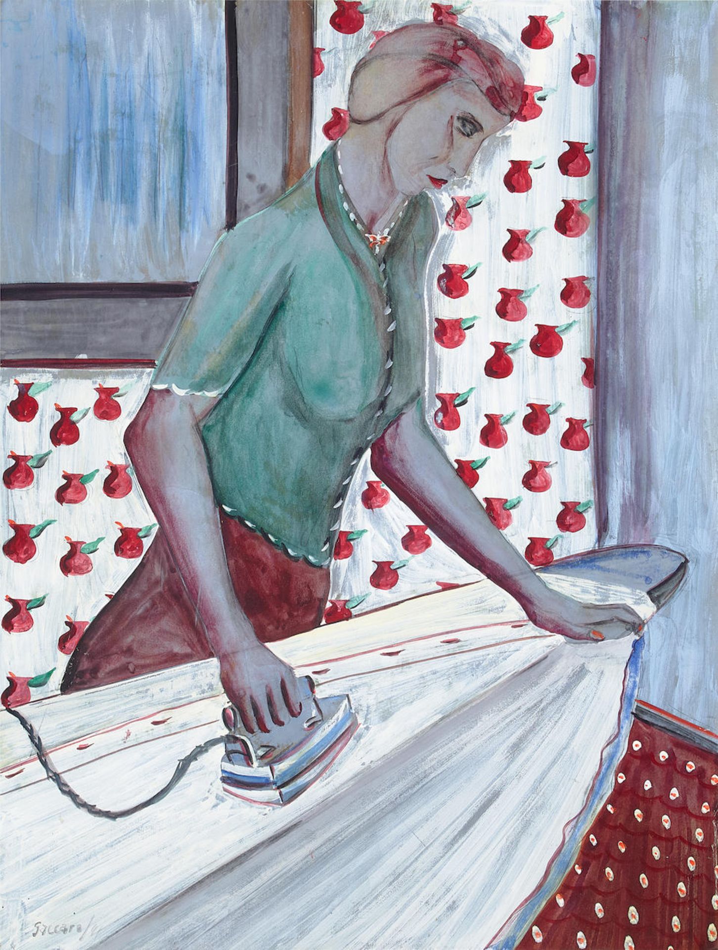 John Saccaro (1913-1981) Woman Ironing 33 1/2 x 25 in. framed 38 1/2 x 30 1/2 in.