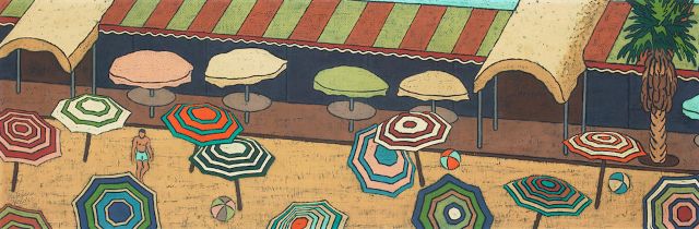 Zama Vanessa Helder (1904-1968) Umbrellas at an Outdoor Café 12 x 35 in. framed 17 1/4 x 4...