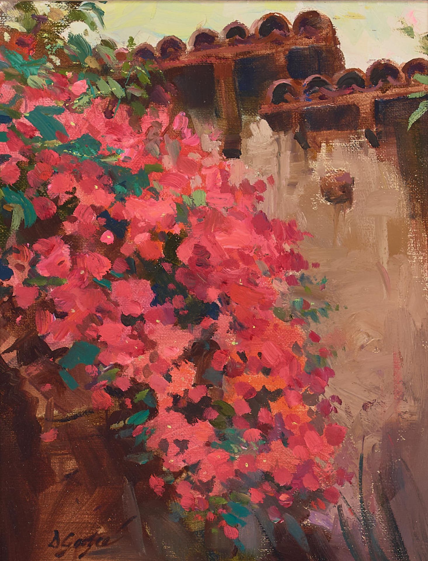 Dan Goozee (born 1943) Mission Wall with Bougainvillea 10 x 8 in. framed 17 1/2 x 15 1/2 in.