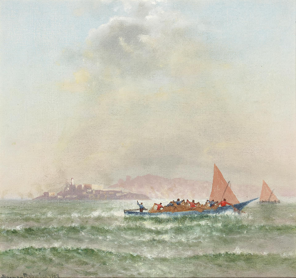 Charles Dormon Robinson (1847-1933) Boats on the Bay with Alcatraz Beyond 11 x 12 in. framed 17 ...