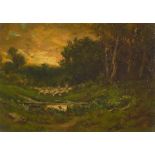 William Keith (1838-1911) Sheep Watering 19 1/2 x 28 in. framed 30 1/2 x 38 1/2 in.