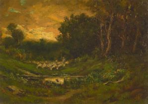 William Keith (1838-1911) Sheep Watering 19 1/2 x 28 in. framed 30 1/2 x 38 1/2 in.