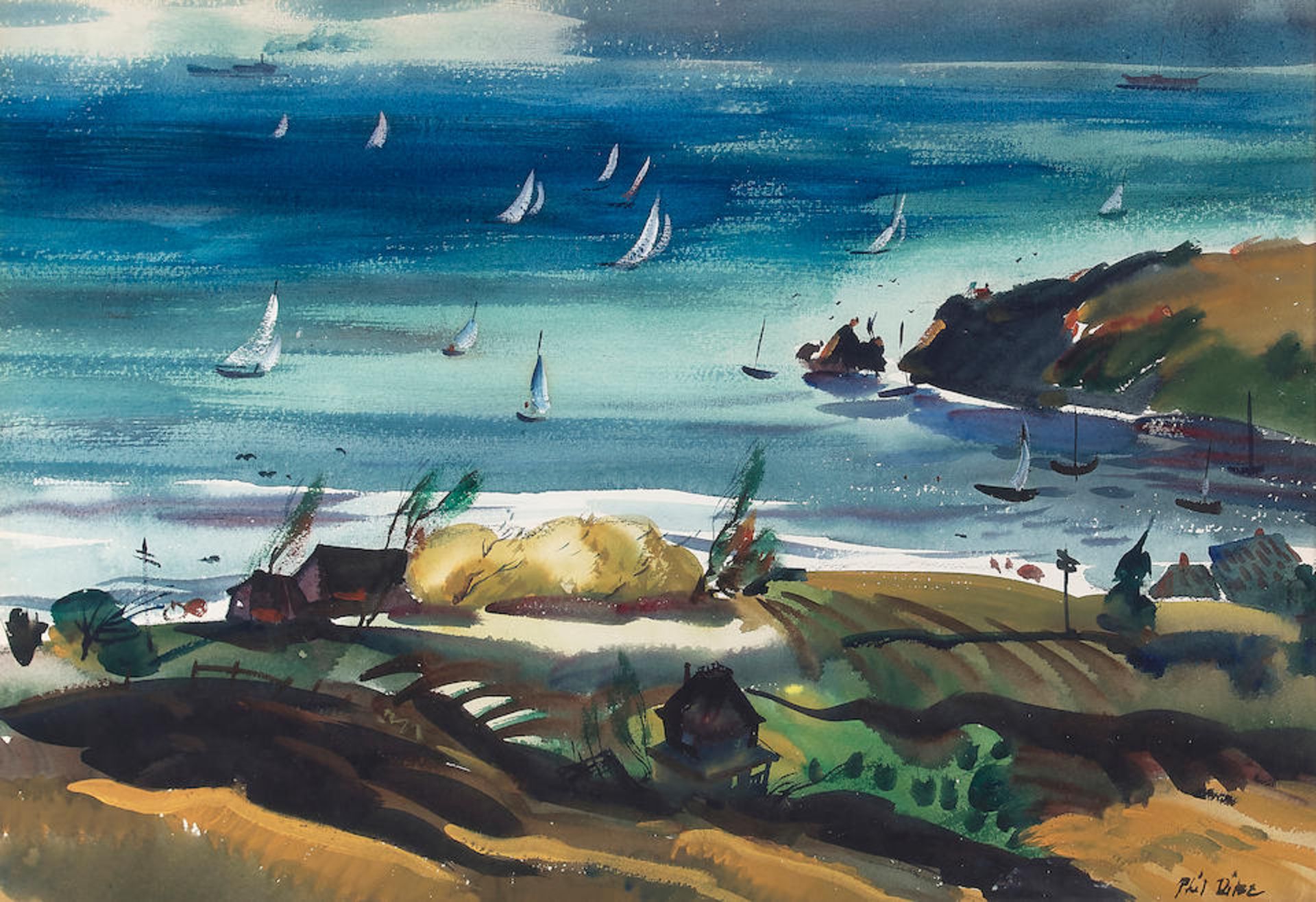 Phil Dike (1906-1990) Corona del Mar sight 12 3/4 x 18 3/4 in. framed 23 x 29 in.