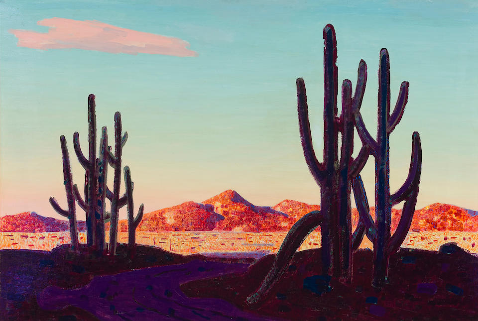 Conrad Buff (1886-1975) Desert Landscape with Cactus 24 x 35 1/2 in. framed 31 1/2 x 43 in.