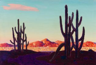 Conrad Buff (1886-1975) Desert Landscape with Cactus 24 x 35 1/2 in. framed 31 1/2 x 43 in.